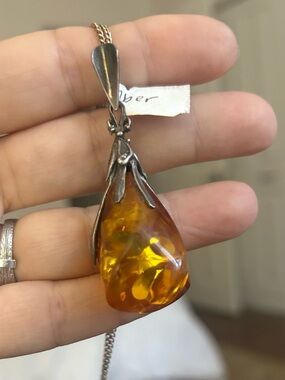 Large Natural Amber Teardrop Pendant Necklace – Warm Honey Baltic Amber